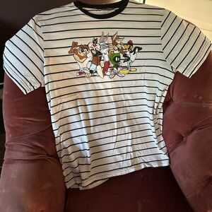 Looney Tunes Mens Shirt Large White Black Striped Short Sleeve Tee Cartoon Top